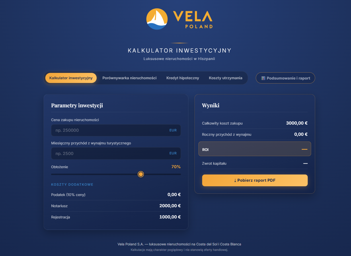 Vela Poland — kalkulator inwestycyjny